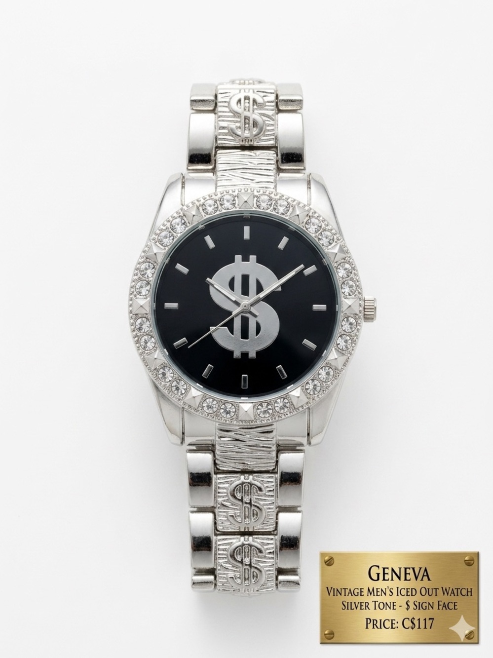 Vintage Geneva Men's Iced Out Watch – Silver Tone – $ Sign Face